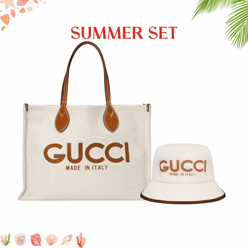 Summer Set: Gucci Medium Tote Bag With Gucci Print Beige 28Cm And Arnaud Bob Reversible Bucket Hat Beige