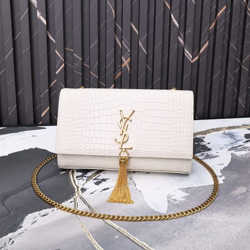 Alternative view of Saint Laurent Kate Medium Chain Bag With Tassel In Crocodile-Embossed Shiny White 354119Dnd0J9207