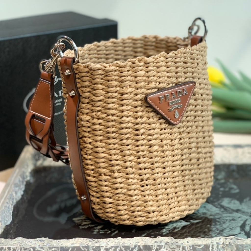 Prada Raffia Woven Bucket Bag Natural 21cm - Image 2