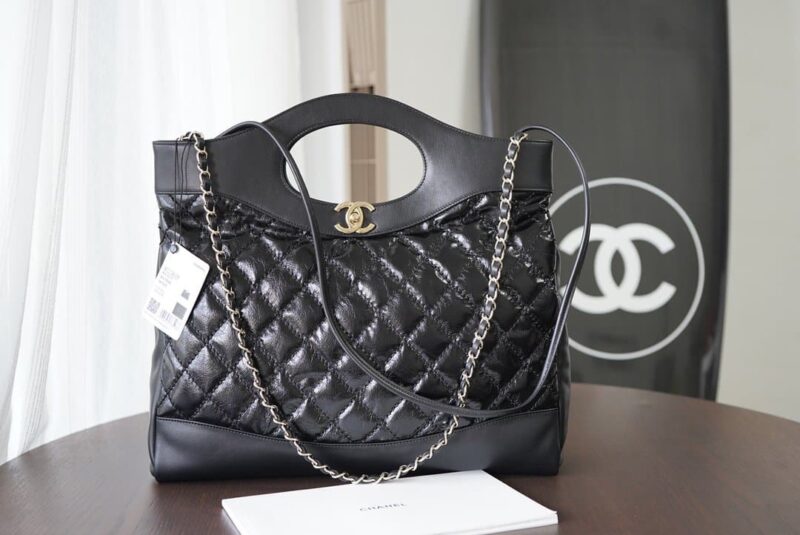 Alternative view of Chanel 31 Large Shiny Leather Handle Bag Gold Hardware Black 37Cm