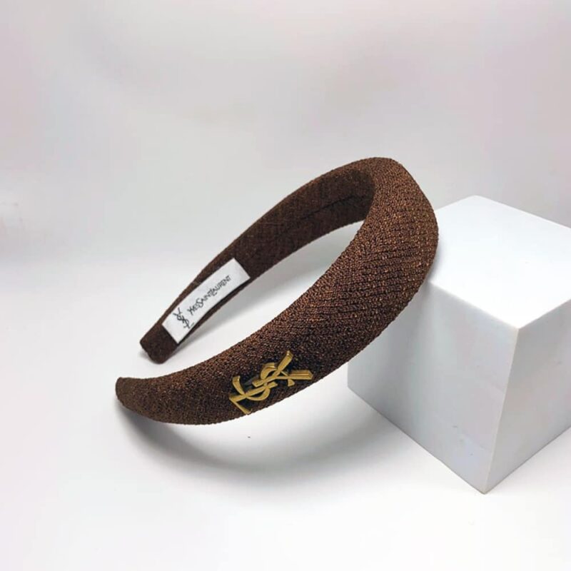 Alternative view of Saint Laurent Ysl Tweed Headband With Gold Hardware In Dark Brown
