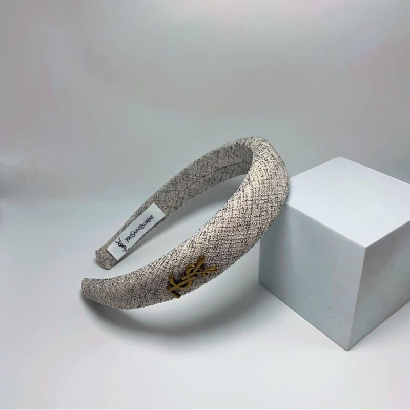 Alternative view of Saint Laurent Ysl Tweed Headband With Gold Hardware In Salt And Pepper