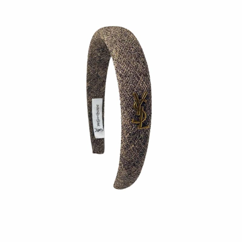 Saint Laurent Ysl Tweed Headband With Gold Hardware In Light Brown