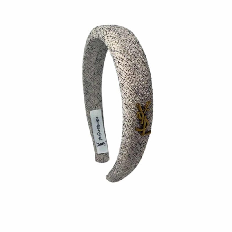 Saint Laurent Ysl Tweed Headband With Gold Hardware In Salt And Pepper