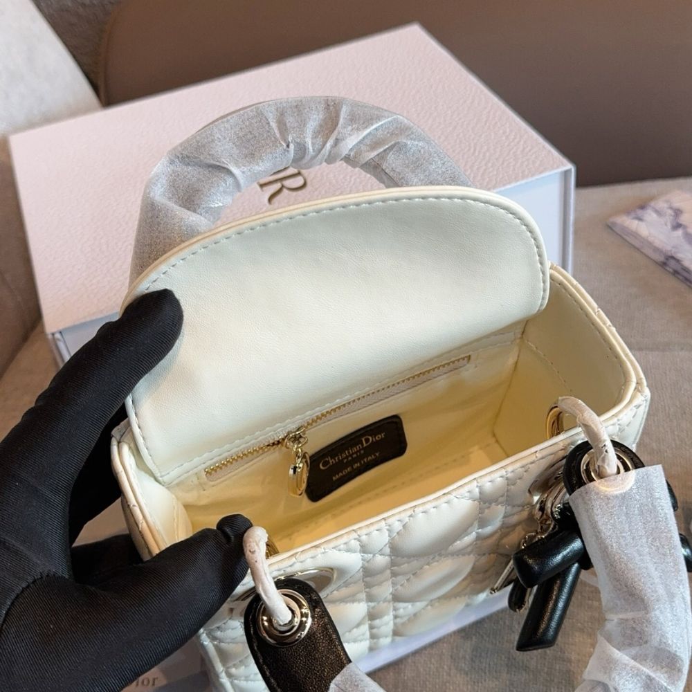Dior Mini Lady Dior Bag With Chain White and Black 17Cm M0505PUQC M06E - Image 6