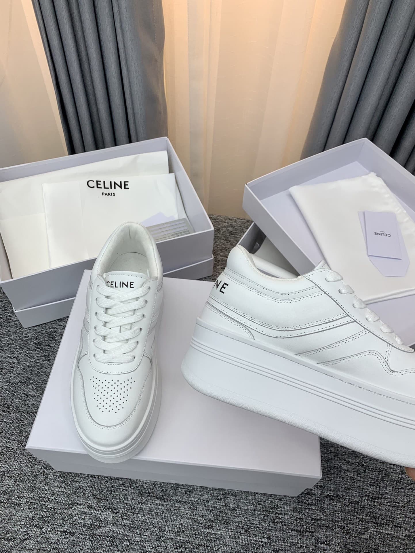 Celine Block Sneakers With Wedge Outsole In Calfskin Optic White 346163338C01Op - Image 4