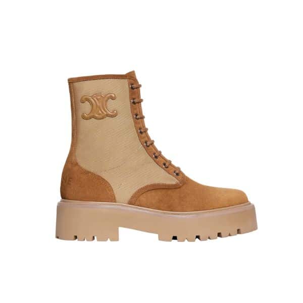 Celine Bulky Lace Up Boot With Triomphe In Nylon Suede Calfskin Dark Beige 354657005C04Db