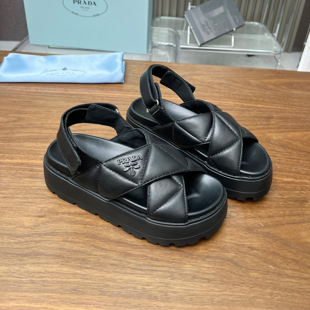 Prada Nappa Leather Crisscross Flatform Sandals Black 1Xz777 038 F0002 F 045 - Image 2