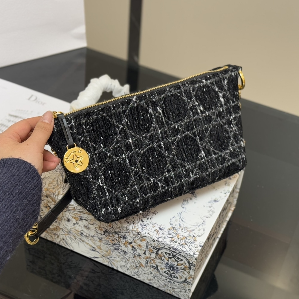 DIOR DIORSTAR HOBO BAG WITH CHAIN BLACK TWEED 22CM S3202UDIO M197 - Image 2