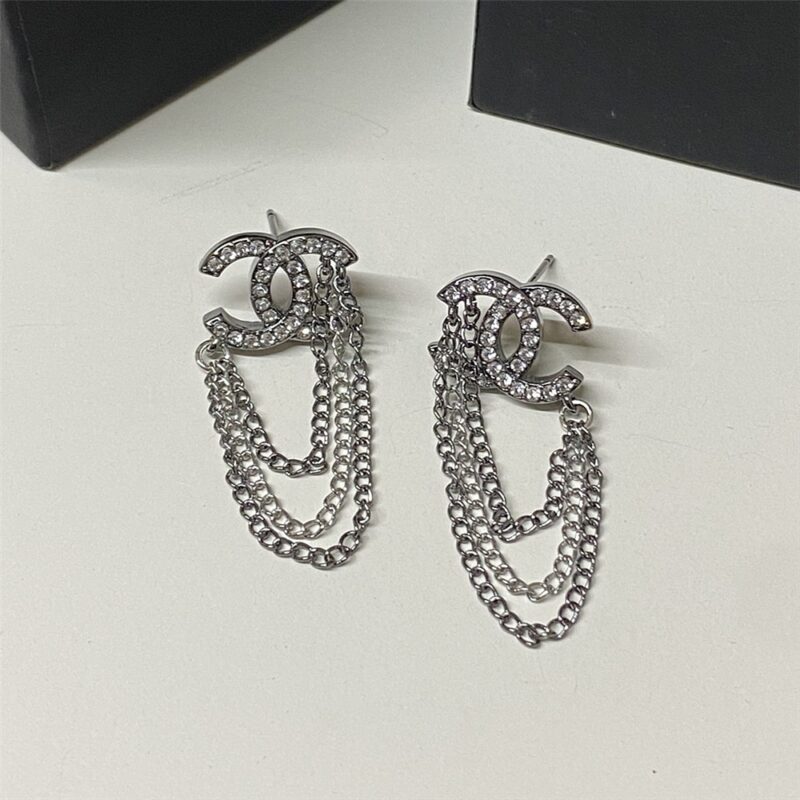 Alternative view of Chanel Stud Earrings With Crystal And Multi Chain In Silver Tone