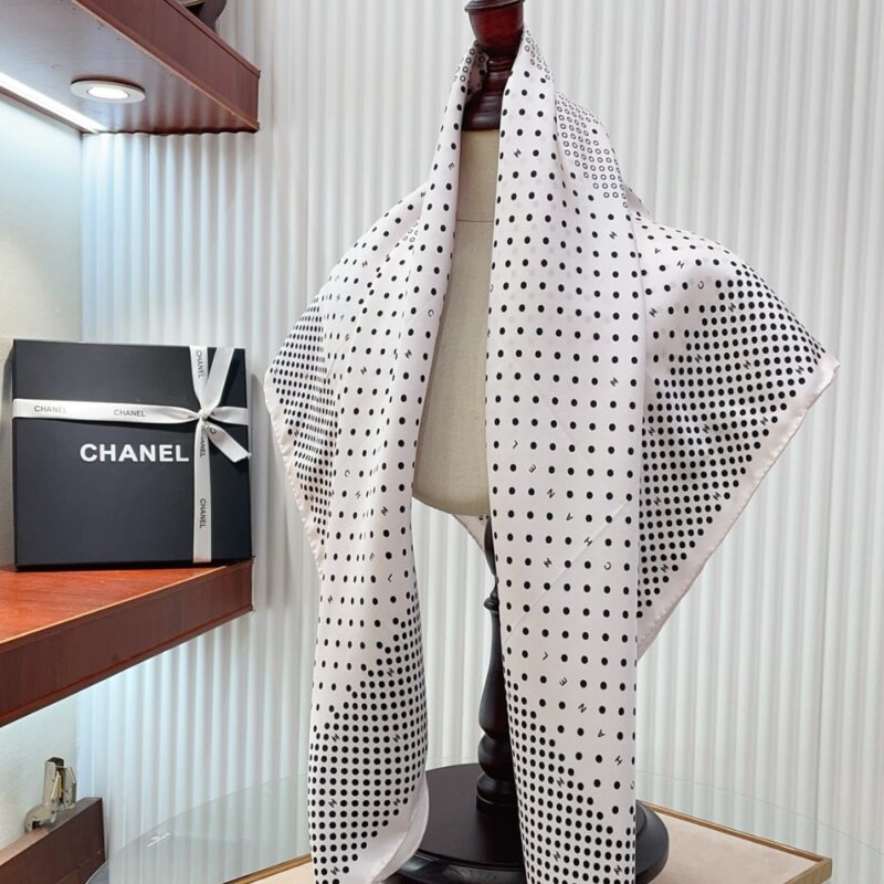 Alternative view of Chanel Polka Dot Pattern Silk Scarf In White 90Cm