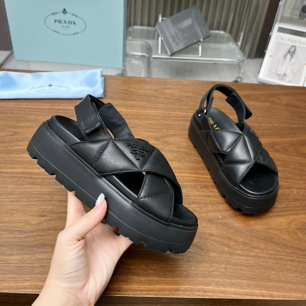 Prada Nappa Leather Crisscross Flatform Sandals Black 1Xz777 038 F0002 F 045 - Image 4