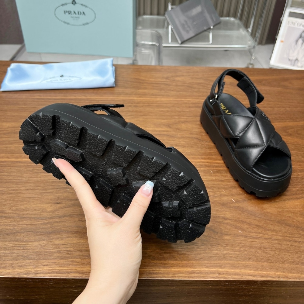 Prada Nappa Leather Crisscross Flatform Sandals Black 1Xz777 038 F0002 F 045 - Image 5
