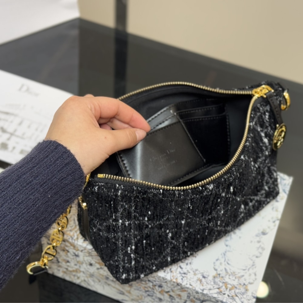 DIOR DIORSTAR HOBO BAG WITH CHAIN BLACK TWEED 22CM S3202UDIO M197 - Image 4