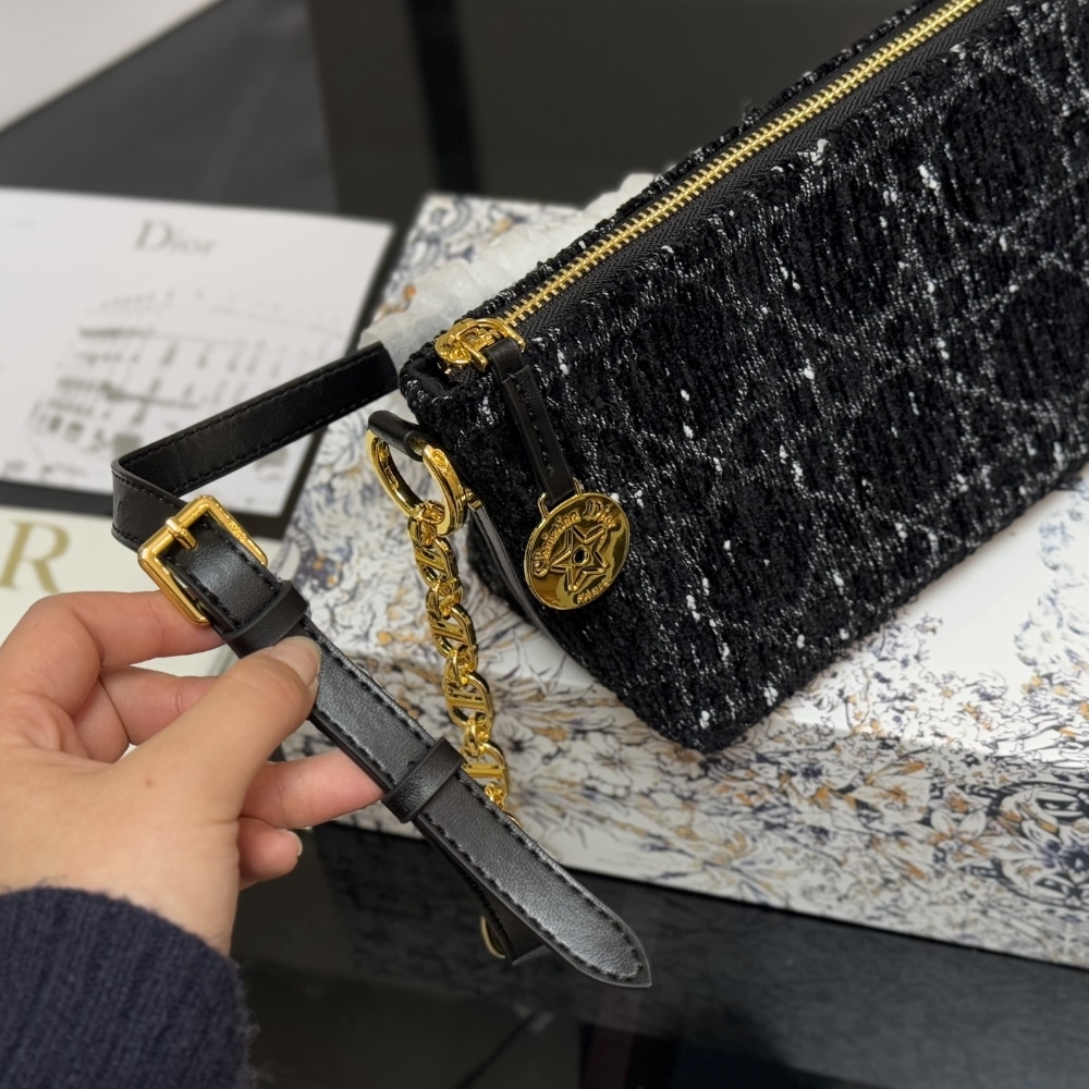 DIOR DIORSTAR HOBO BAG WITH CHAIN BLACK TWEED 22CM S3202UDIO M197 - Image 5