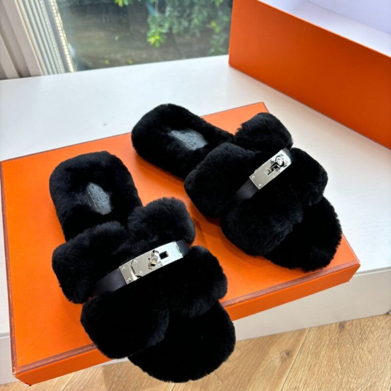 Alternative view of Hermes Shearling Fur Oran Silver Buckle Sandal Black