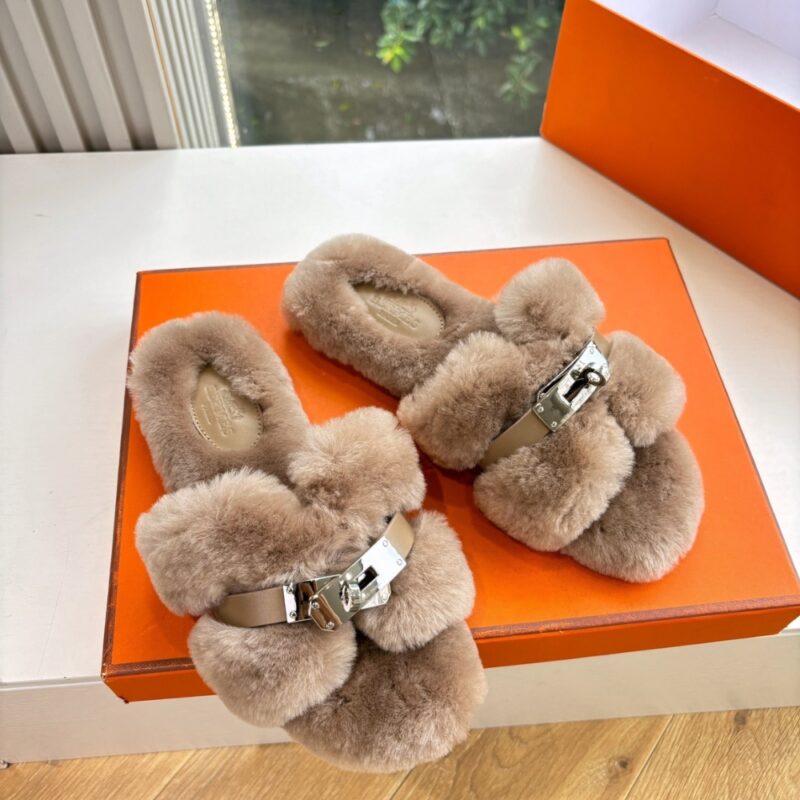 Alternative view of Hermes Shearling Fur Oran Silver Buckle Sandal Beige