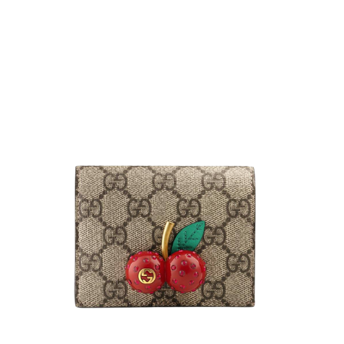 Gucci Supreme Canvas Card Case Wallet With Cherries Red Leather Inside 10Cm 476050