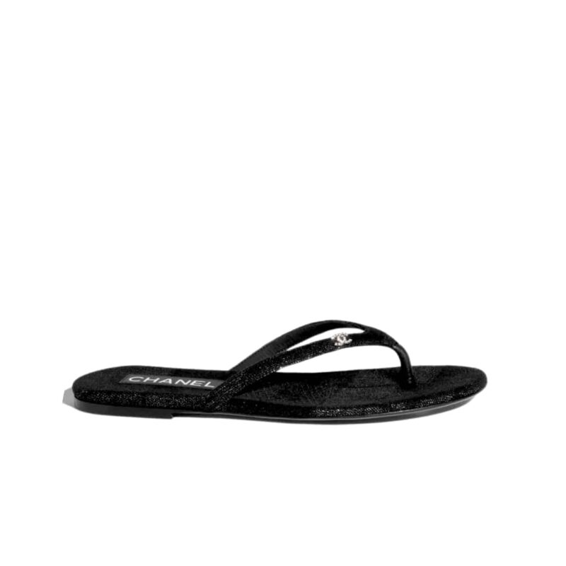 Chanel Thongs Purl Fabric With Silver Cc Logo In Black