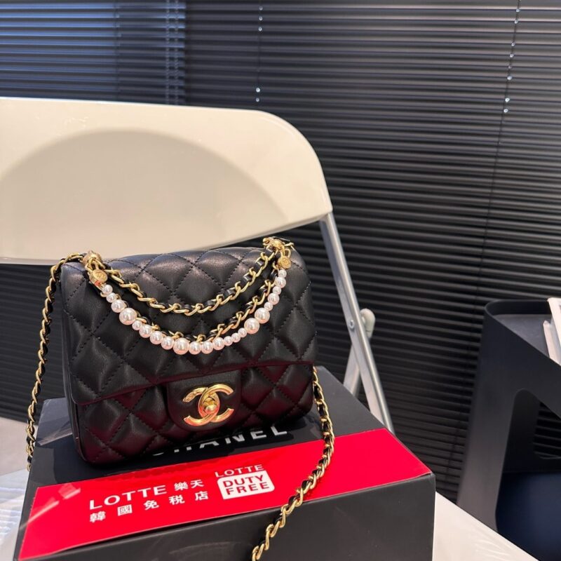 Alternative view of Chanel Mini Flap Bag Shiny Imitation Pearls And Gold Tone Metal Black 17Cm
