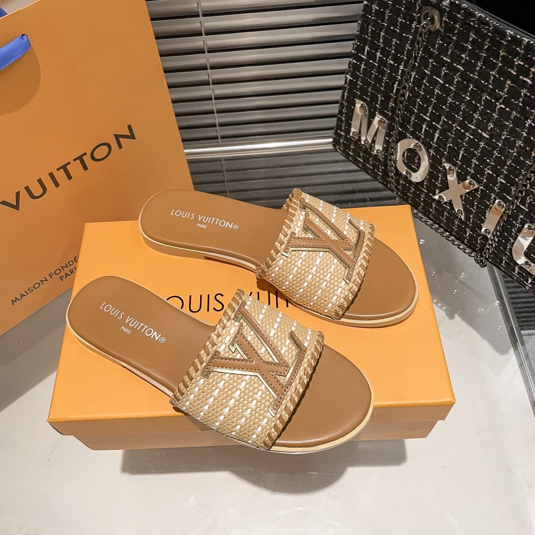 Louis Vuitton Lock It Flat Raffia Mules Brown - Image 4