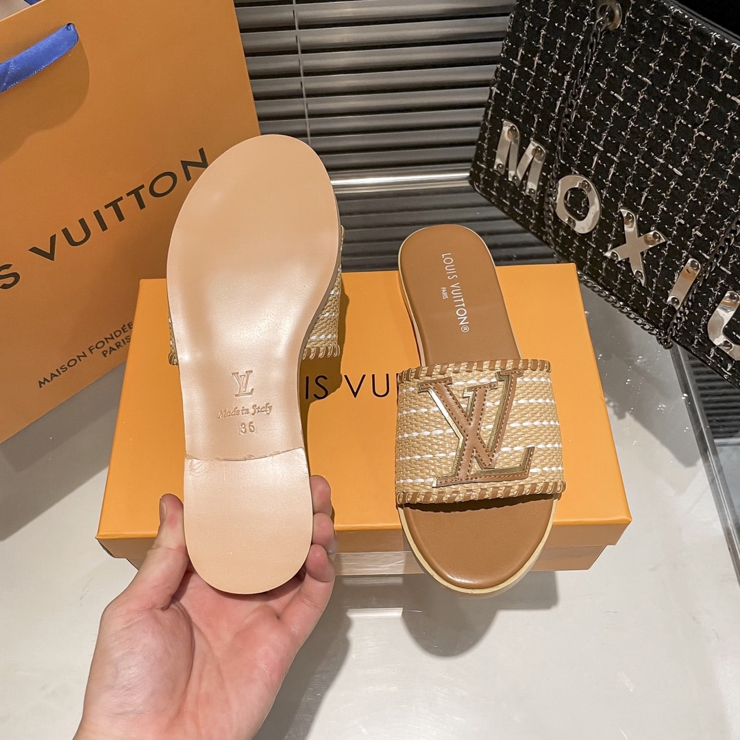 Louis Vuitton Lock It Flat Raffia Mules Brown - Image 7