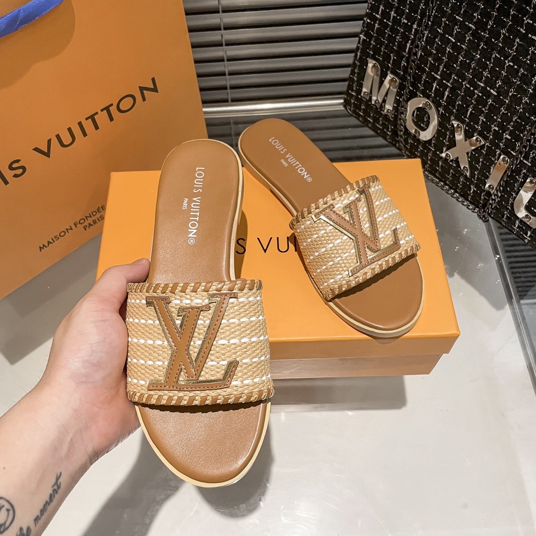 Louis Vuitton Lock It Flat Raffia Mules Brown - Image 8