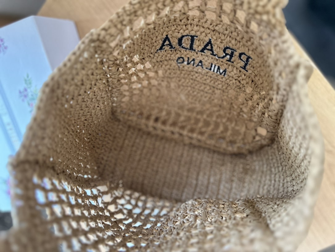Summer Set: Prada Raffia Grass Small Crochet Tote Bag Natural 22Cm And Raffia Crisscross Slides Natural - Image 6