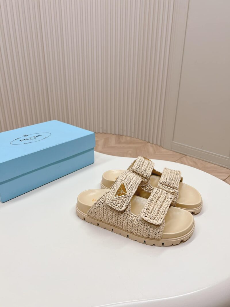 Alternative view of Prada Raffia Double Band Slide Sandals Beige 1Xx699 F020 2C2T F0018