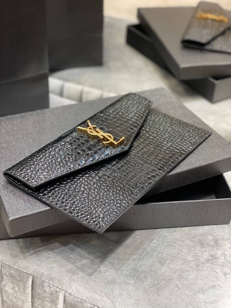 Alternative view of Saint Laurent Uptown Pouch In Crocodile Embossed Shiny Leather Gold Black 27Cm 565739Dnd0J1000