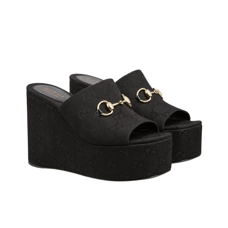 Gucci Women'S Wedge Sandal With Horsebit Black 816328 Fab10 1000
