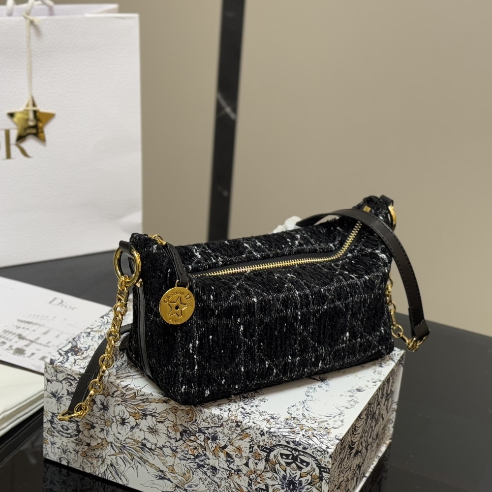 DIOR DIORSTAR HOBO BAG WITH CHAIN BLACK TWEED 22CM S3202UDIO M197 - Image 6