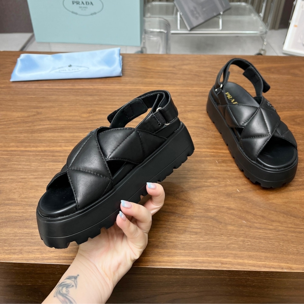 Prada Nappa Leather Crisscross Flatform Sandals Black 1Xz777 038 F0002 F 045 - Image 6