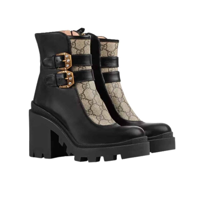 Gucci Women'S Gg Ankle Boot With Buckles Black And Beige 701100Uvv201182