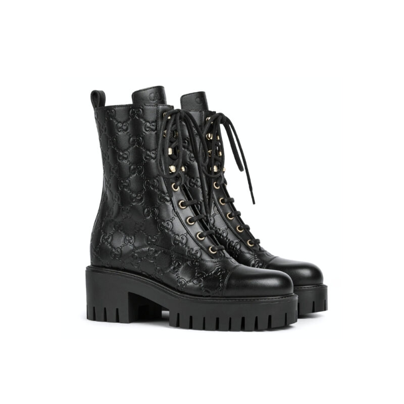 Gucci Women Lace Up Ankle Boot With Gg Black Leather 840739 Aae5Q 1000