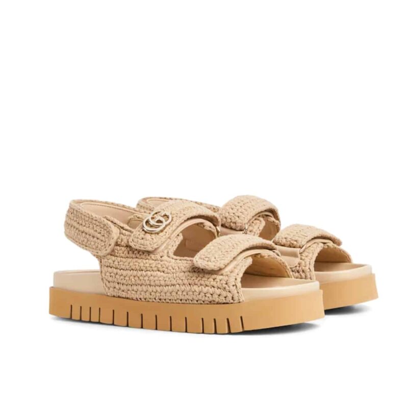 Gucci Women Sandal With Double G Beige Crochet ‎835086 Faeq2 9552