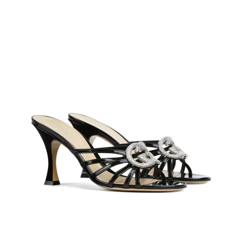 Gucci Women Slide Sandal With Crystal Interlocking G Black 852663 Bnc00 1000
