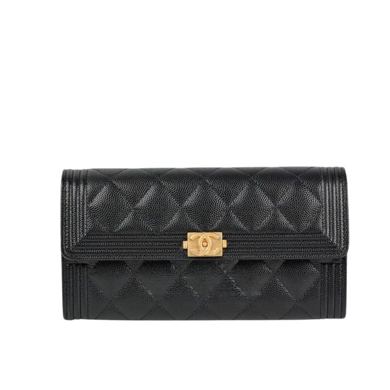 Chanel Boy Long Flap Wallet Black Gold 19Cm A80286 Y07659 94305