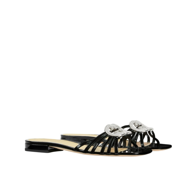 Gucci Women Slide With Crystal Interlocking G Black Leather 852357 Bnc00 1000