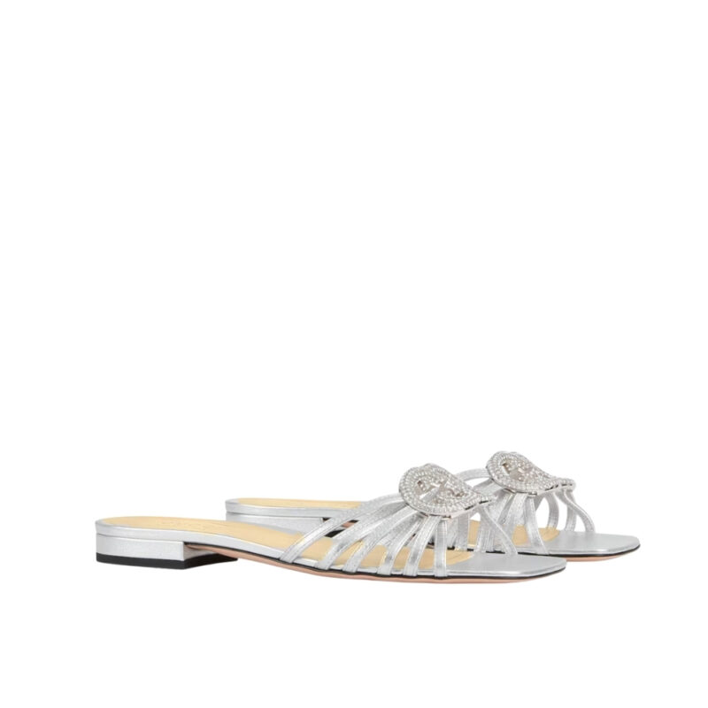 Gucci Women Slide With Crystal Interlocking G Silver Leather 852357 Bnc00 1001