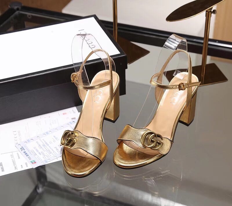 Alternative view of Gucci Gold Metallic Laminate Leather Mid Heel Sandal 453379