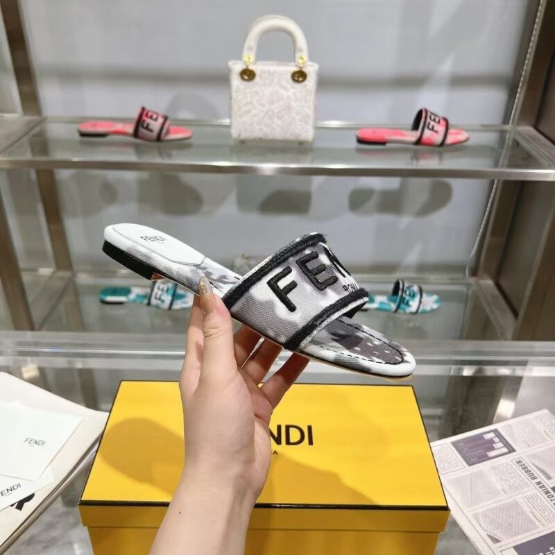 Alternative view of Fendi Logo-Embroidered Mule Slides Light Grey