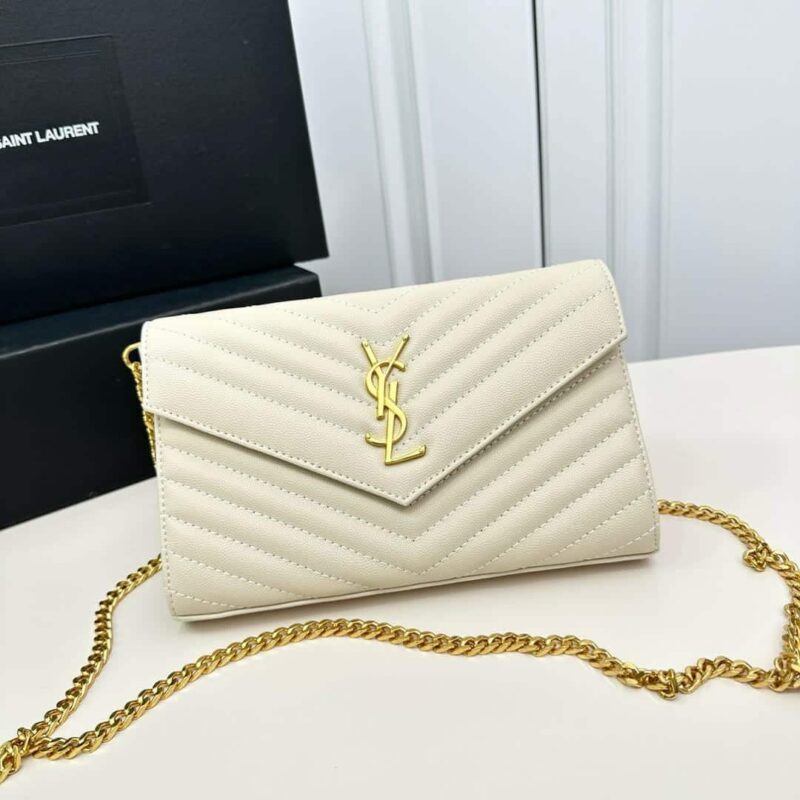 Alternative view of Saint Laurent Classic Cassandre Chain Wallet In Grain De Poudre Leather White 24Cm 377828Bow019207