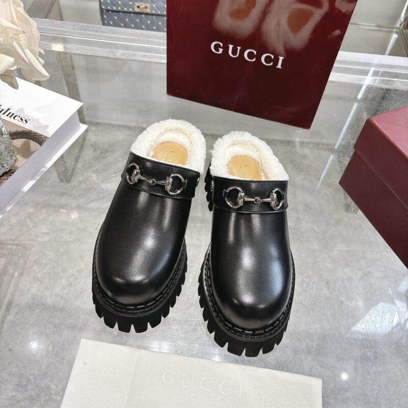 Alternative view of Gucci Horsebit Shearling Mules In Black Leather