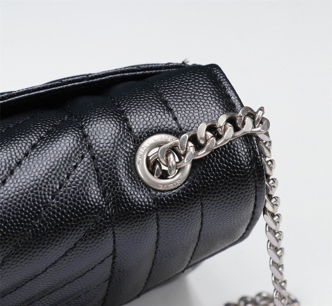 Saint Laurent Envelope Small In Quilted Grain De Poudre Embossed Leather Black Silver 21cm 600195BOW921000 - Image 8