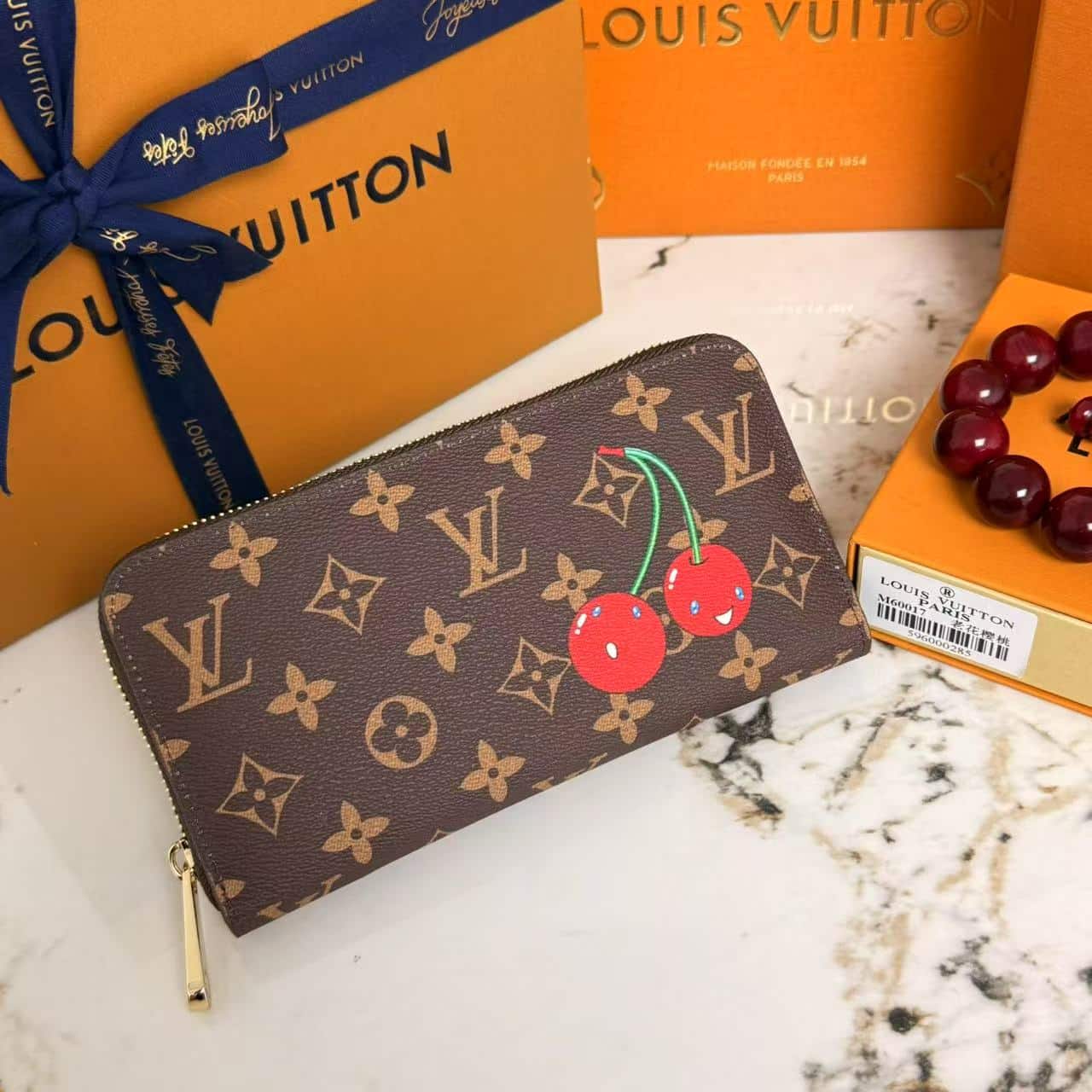 Iconic Set: Louis Vuitton X Takashi Murakami Monogram Cerise Neverfull Mm And Cherry Porte Monnaie Zippy Wallet - Image 6