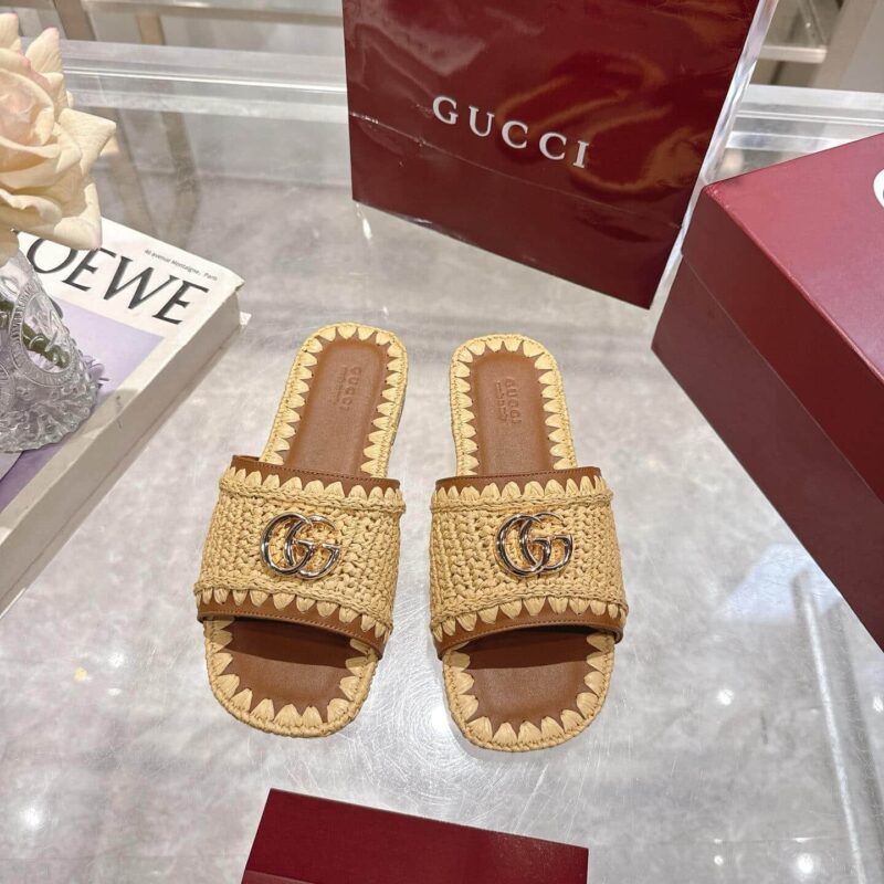 Alternative view of Gucci Women Slide Sandal With Double G Raffia Crochet 835084 Faeq3 9642