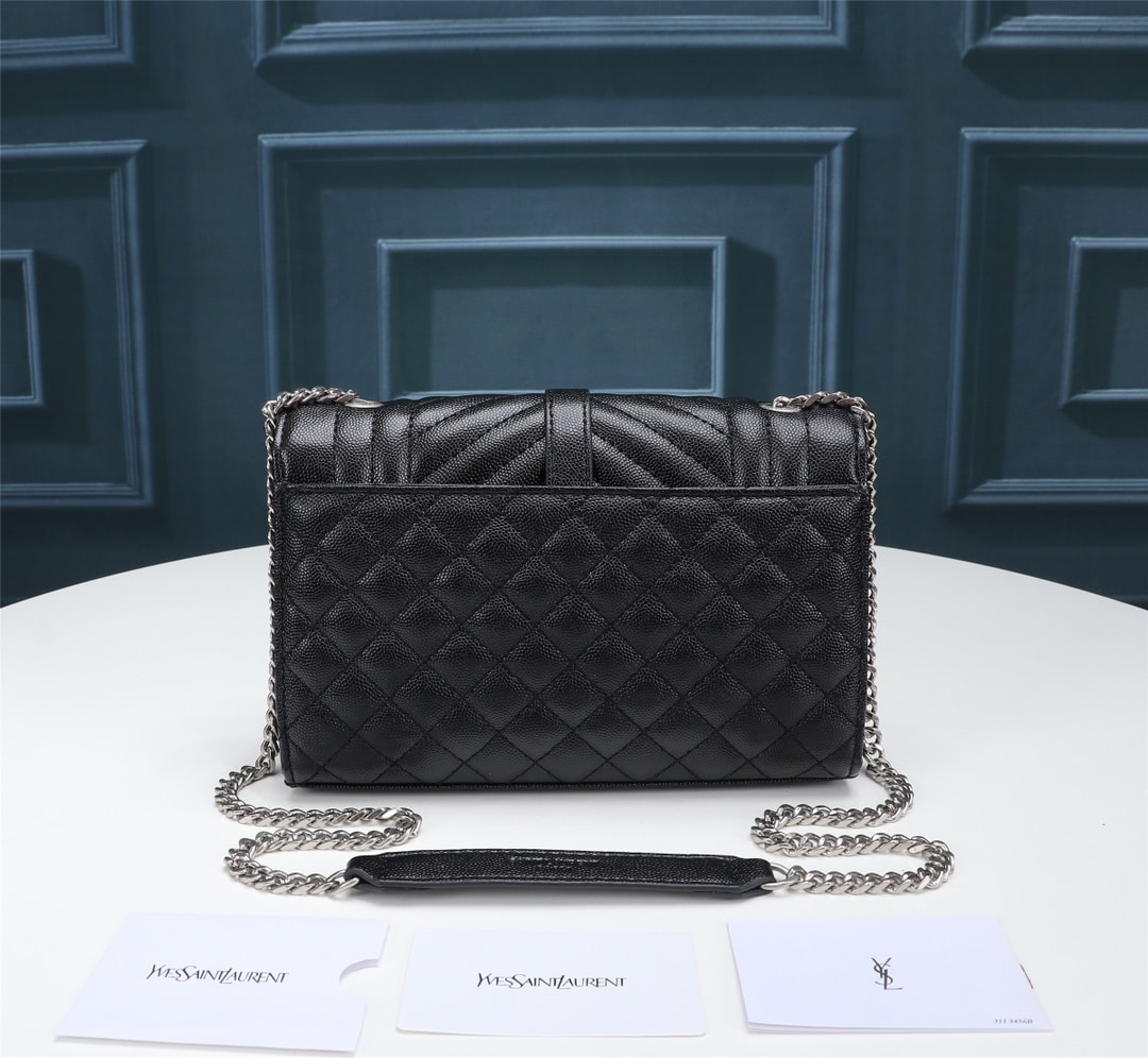 Saint Laurent Envelope Small In Quilted Grain De Poudre Embossed Leather Black Silver 21cm 600195BOW921000 - Image 3