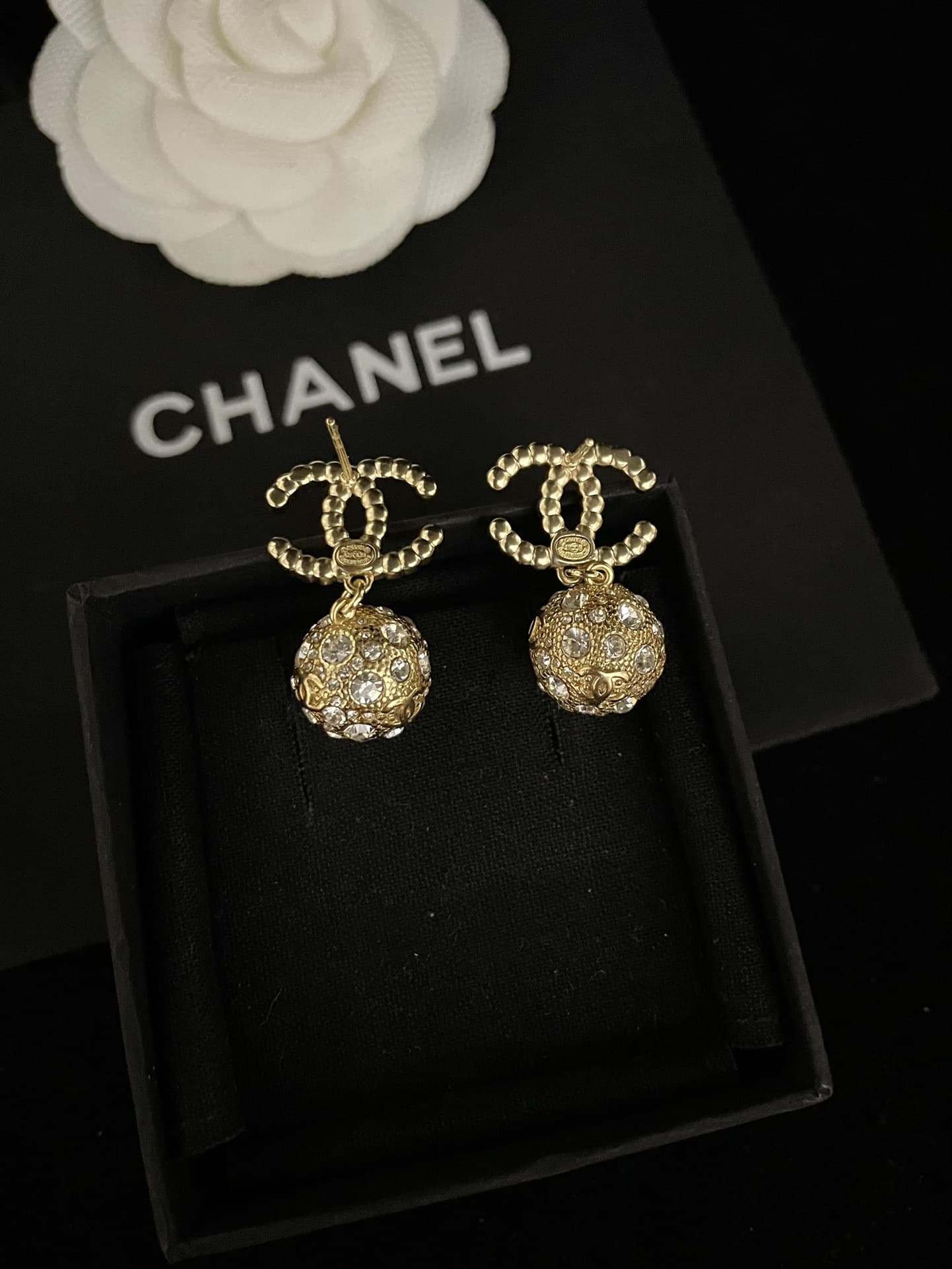 Chanel New Cc Gold Ball Crystal Pearl Drop Earrings - Image 3