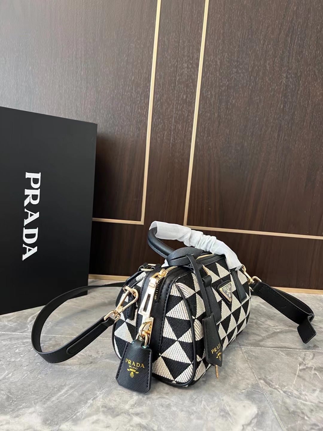 Prada Symbole Embroidered Fabric Top Handle Bag Black 20Cm 1Bb846 2Fkl F0Y30 V Xoo - Image 5